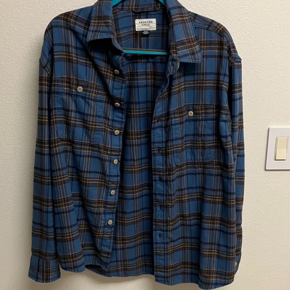 American Eagle Outfitters Blue and Brown Plaid Shirt